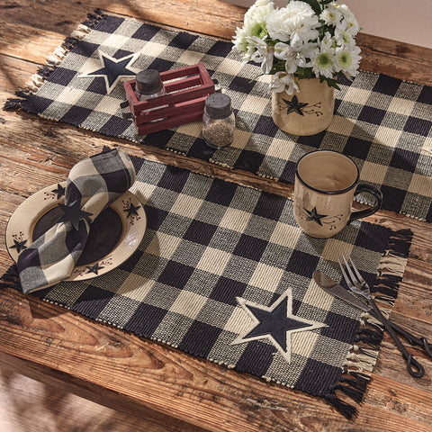 Wicklow Star Yarn Placemat - Black and Farmhouse tan with fringe with star applique.