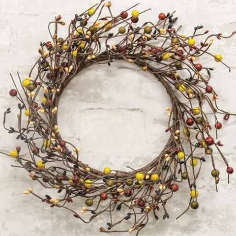 12 inch primitive berry twig wreath with green, rust, cream and black berries on wired branches