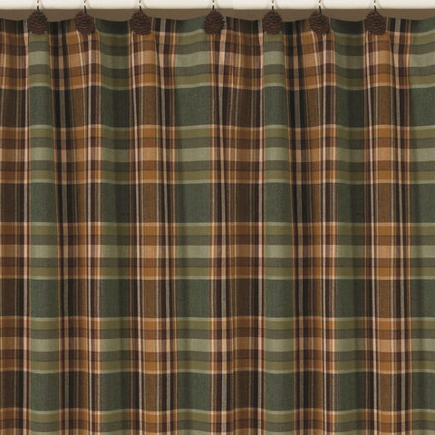 Add beauty to your bathroom with this Wood River Shower Curtain! The warm blend of earthy chocolate, tan & green tones work together to create a lovely plaid that oozes character & charm! Perfect for your country bathroom...or any home decor!