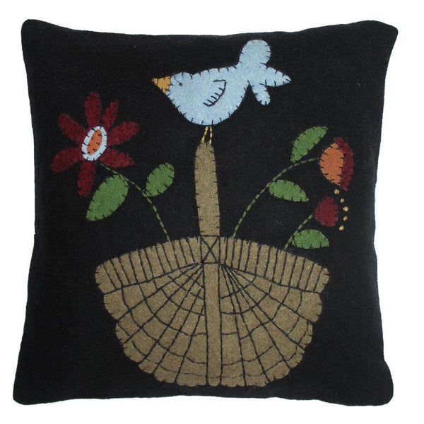 Add rustic charm with the Basket of Plenty Pillow. This 14x14 wool felt pillow features a folk-art basket and floral design, perfect for primitive, farmhouse, or country décor.