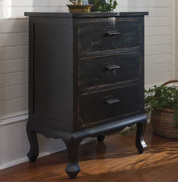 The Small Chest/Cupboard in distressed white finish by Park Designs has a charming silhouette and is perfect for small spaces. Three drawers provide welcome storage.  Aged Black finish is lightly distressed for an appealing patina. Wood. Size 29"H x 20.5"W x 13.75"D