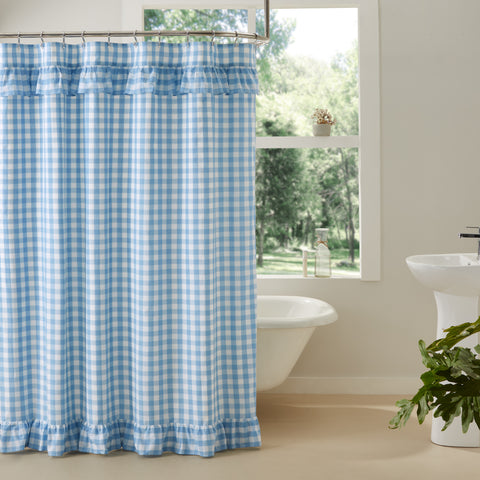 Capture the essence of relaxed, cozy cottage charm in your washroom with our Annie Blue Buffalo Check Ruffle Shower Curtain 72x72. Classic buffalo check in dusk blue and soft white grace this decorative curtain finished with a delicate ruffle at the top and bottom. Visit website for FREE s/h & discount offers.