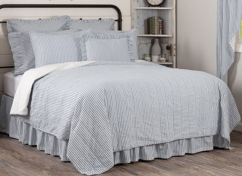 Sawyer Mill Blue Ticking Stripe Queen Quilt Coverlet 90Wx90L, repeating denim blue ticking stripe woven into solid soft white cotton base. Primitive Country Farmhouse Bedding Home Decor.