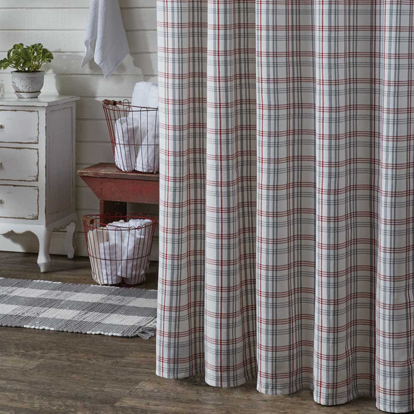 Farm Yard Shower Curtain, crisp and clean!  Colors: White, Red & Dove Gray