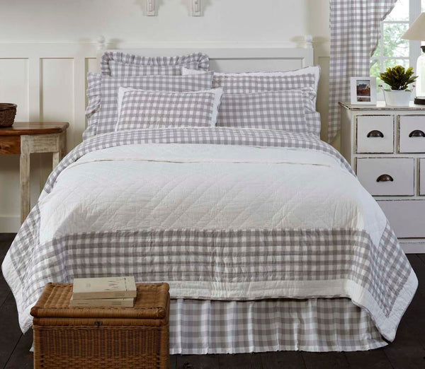 Annie Buffalo Check Grey Bedding Primitive Country Farmhouse Quilted Bedding. Large-scale Check. Ash Grey, Soft White.