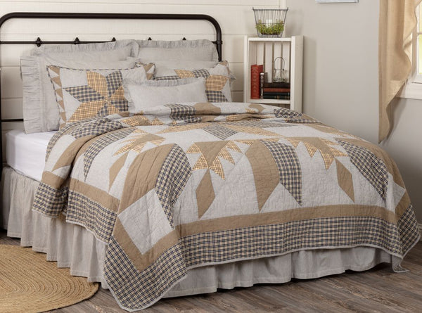 Dakota Star Farmhouse Blue Bedding, 8-point Dakota star framed beautifully by an array of patchwork shapes in Warm Grey, Vintage White, Washed Blue, Primitive Country Farmhouse Bedding Home Decor.
