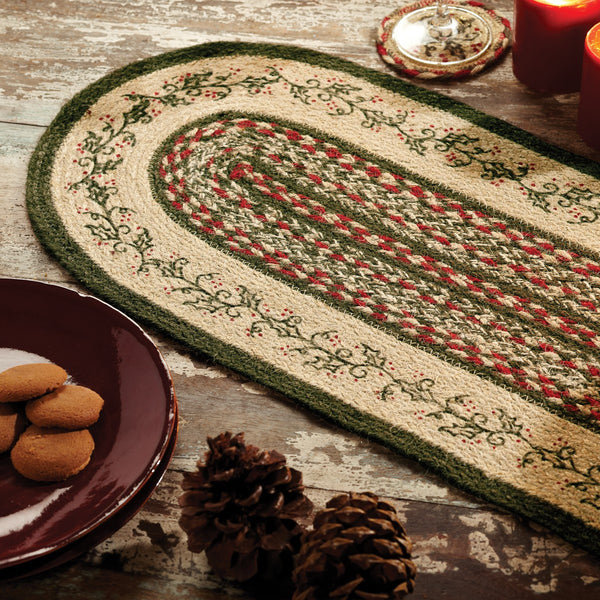 Holly Berry Jute Collection, Alternating braids in olive green, dark red, and creme jute Stenciled holly berry vine border in green and red. Primitive Country Farmhouse Kitchen Table Dining Home Decor.
