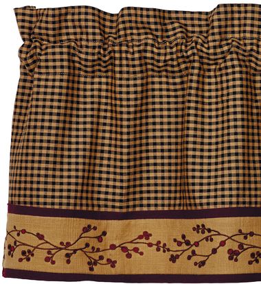 Berry Valance has black and tan checks with with pip berry vines bordering the bottom edge.  Berries are burgundy. Primitive Country Farmhouse Window Treatments Curtains Home Decor.