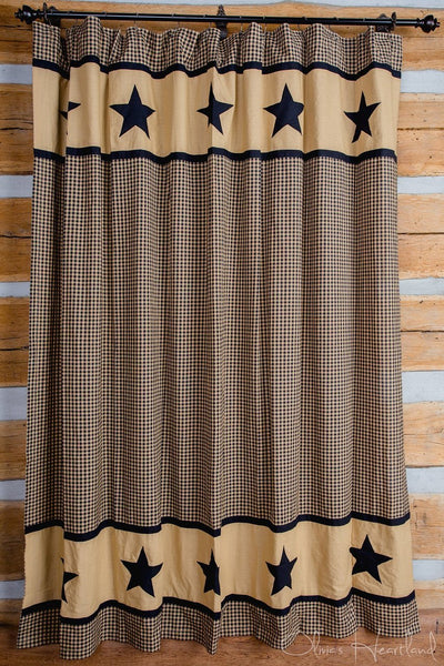 Black and Tan Star Shower Curtain, Primitive Country Farmhouse Bath Bathroom.