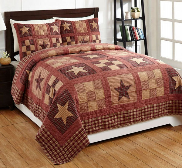 Bradford Star, stars and nine-patch squares in shades of burgundy, red and tan. Primitive Country Farmhouse Bedding.