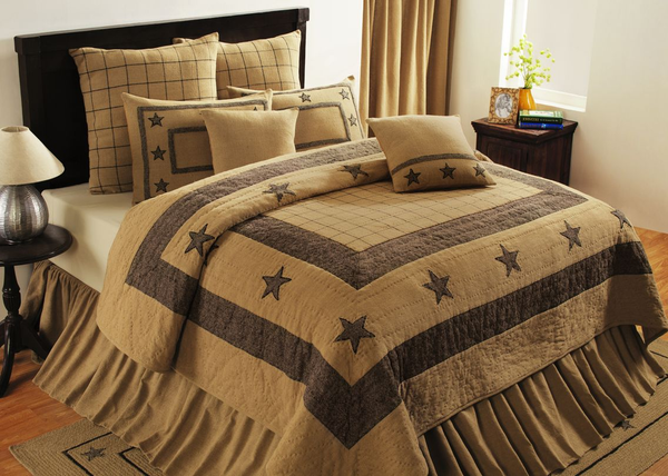 Burlap Star Quilt features a window pane design, black stars with large solid line borders. Primitive Country Farmhouse Bedding Home Decor.
