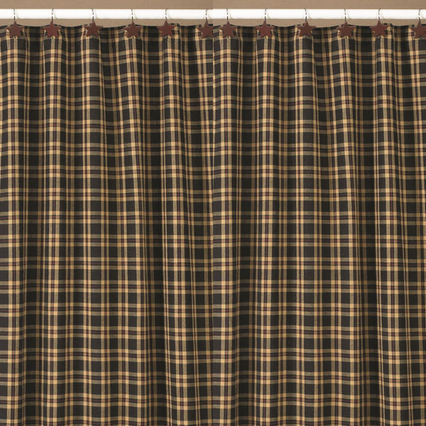 Cambridge Primitive Shower Curtain, provides a primitive plaid pattern in a beautiful blend of black, khaki & red. Rejuvenate your bathroom decor with this country classic!  Colors: Black, Khaki Tan & Red