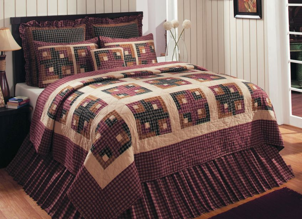 Cambridge Log Cabin King Quilt Combo features a log cabin design made from plaid fabrics in collection colors of black, mustard, wine and creme. Primitive Country Farmhouse Bedding Home Decor.