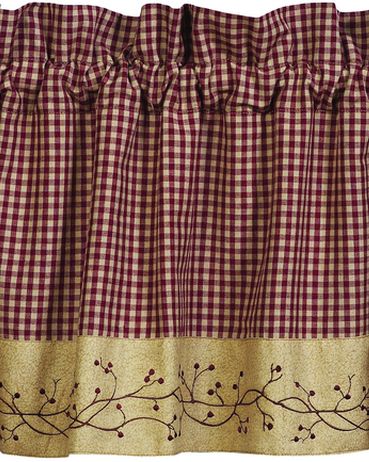 Checkerberry Window, Burgundy Tan Check pip berries, Primitive Country Farmhouse Window Treatments Curtains Home Decor.