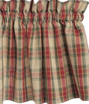 Cinnamon Window Treatments, plaid fabric in colors of sage, dark green, burgundy and muted pumpkin on a light tan background. Primitive Country Farmhouse Window Treatments Curtains Home Decor.