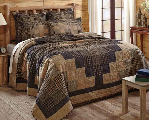 Coal Creek Combos, mixes fabrics in dark tan with inky black in an over-sized trip around the world patchwork layout, Primitive Country Farmhouse Bedding.