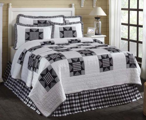 Emmie Bedding, Black and White,  8-point star set within a patchwork block of checks, microchecks and ticking stripes. Primitive Country Farmhouse Bedding Home Decor.