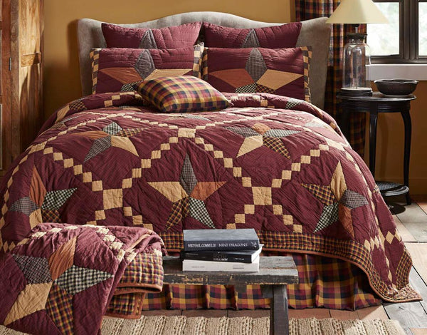 Folkways Star Combos, Irish chain and 5-point star layout in burgundy, mustard, and black fabrics. Primitive Country Farmhouse Bedding Home Decor.