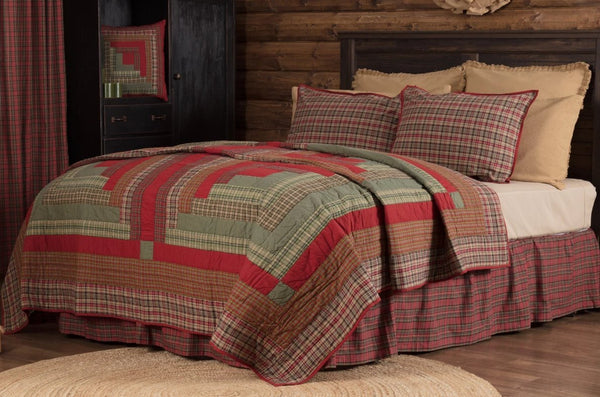 Gatlinburg Collection features Christmas red and ivy green patchwork with four large log cabin blocks. Primitive Country Farmhouse Rustic Holiday Quilted Bedding Home Decor.
