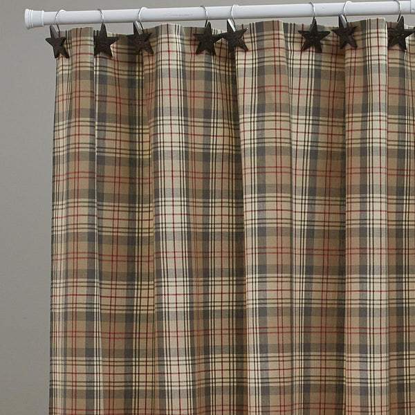 Gentry Shower Curtain, Neutral earth tone colors with a hint of deep red combine to make a handsome plaid.  Colors: Sand, Tan, Walnut Gray & Barn Red