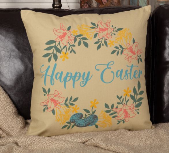 Sawyer Mill Happy Easter Wreath Pillow 18x18, Featuring a springtime wreath of bright, happy blooms with three blue eggs nestled at the bottom edge. Primitive Country Farmhouse Home Decor.