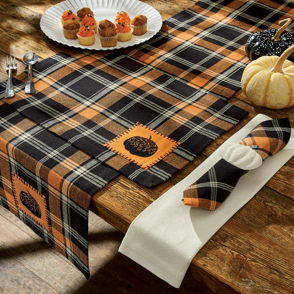 Harvest Night Table Collection feature striking colors of orange, black, brown, and white that make a bold statement to your family and guests. Halloween Table Runner, Napkin, Placemat, Dishtowel, Gift Set, Country Farmhouse Primitive.