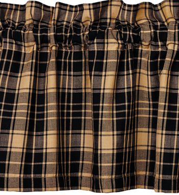 Heritage Check Black Window Treatments, Black and Tan plaid cotton fabric. Primitive Country Farmhouse Window Treatments Curtains Home Decor.