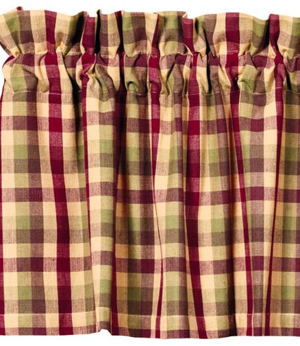 Apple Cider Window features red, green, brown, and tan plaid fabric curtains. Primitive Country Farmhouse Window Treatments Curtains Home Decor.