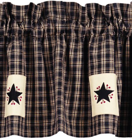 Cambridge Black Applique Star Valance features black and tan with a farmhouse star and berries appliqued. Primitive Country Farmhouse Window Treatments Curtains Home Decor. Primitive Country Farmhouse Window Treatments Curtains Home Decor.