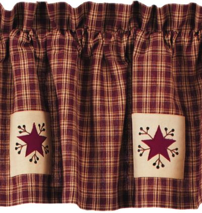 Cambridge Wine with Stars Valance farmhouse stars and pip berries embroidered on wine and tan plaid cotton fabric. Primitive Country Farmhouse Window Treatments Curtains Home Decor. Primitive Country Farmhouse Window Treatments Curtains Home Decor.