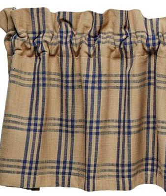 Cottonwood Blue Window blue tan cotton windowpane fabric. Primitive Country Farmhouse Window Treatments Curtains Home Decor.