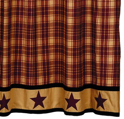 Heritage Star Wine Shower Curtain, features wine and tan plaid fabric with a row of repeating stars on the bottom border. Primitive Country Farmhouse Bath Bathroom Home Decor.