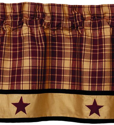Heritage Star Wine Window Collection, wine and tan plaid check with a row of stars bordering the bottom portion. Primitive Country Farmhouse Window Treatments Curtains Home Decor.