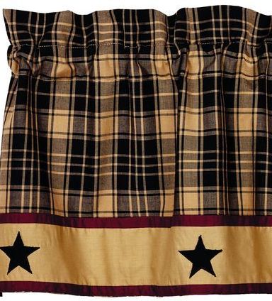 Heritage Star Black Window, Black and Tan Plaid Fabric with a band of stars at the bottom. Primitive Country Farmhouse Window Treatments Curtains Home Decor