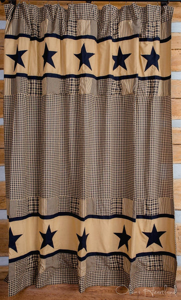 Jamestown Black and Tan Shower Curtain features black and tan plaid, checks and solids with applique stars. Primitive Country Farmhouse Bath Bathroom Home Decor.