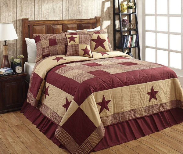 Jamestown Burgundy and Tan Bedding with fabrics of  plaids, checks, and solids with appliqued stars.  Primitive Country Farmhouse Quilted Bedding Home Decor.
