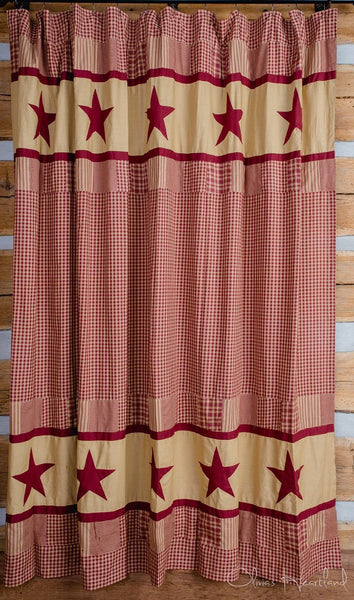Jameston Burgundy and Tan Shower,  features burgundy and tan plaids and check with two solid tan borders and burgundy appliqued stars. Primitive Country Farmhouse Bath Bathroom Home Decor.
