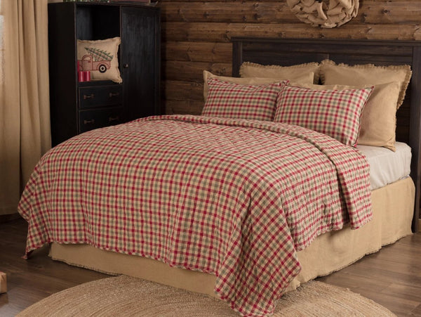 Jonathan Plaid Quilt Collection features Diamond hand-quilting on traditional deep red, olive green, and tan plaid fabric. Primitive Country Farmhouse Christmas Holiday Home Decor.