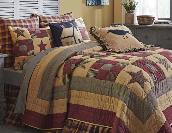 Ninepatch Star Black Burgundy Bedding, Primitive Country Farmhouse Quilted Bedding Home Decor.