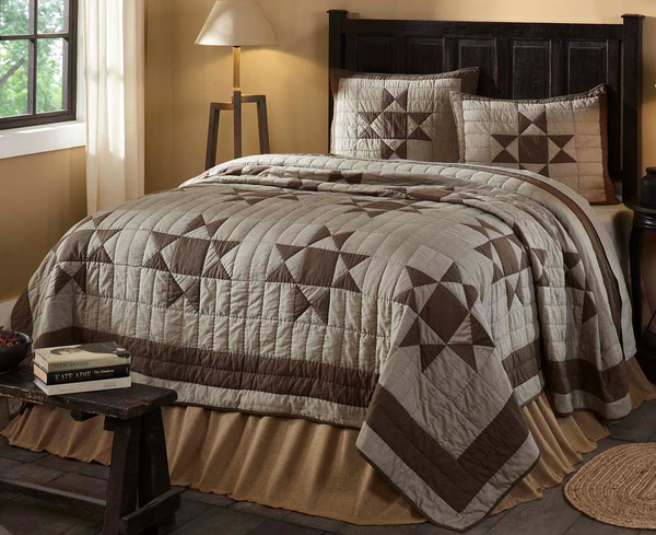 Ohio Star Quilt Set, Ohio Star block layout in black and tan microcheck fabric. Primitive country Farmhouse Quilted Bedding Home Decor.