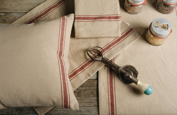 Grain Sack Red Stripe Table, Primitive Country Farmhouse Table Decor