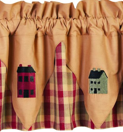 Apple Cider features red, green, brown, and tan plaid fabric curtains. Primitive Country Farmhouse Window Treatments Curtains Home Decor.