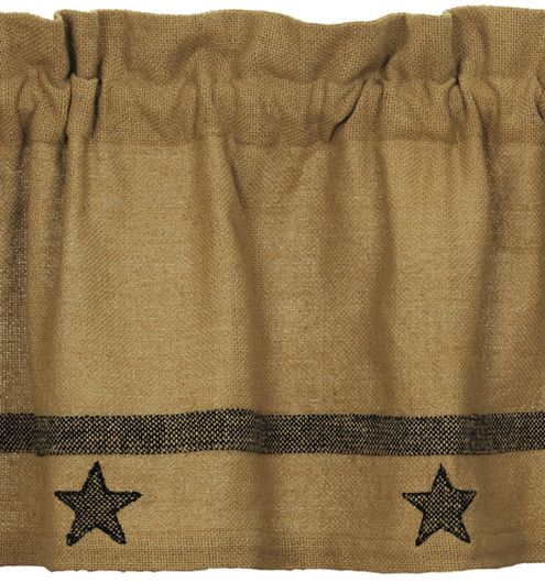 Burlap Star Tan Window features soft tan fabric with black appliqued stars. Primitive Country Farmhouse Window Treatments Curtains. 