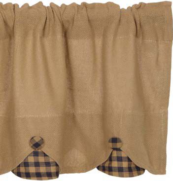 Burlap with Navy Check Window Treatments, Primitive Country Farmhouse Window Treatments Curtains Home Decor