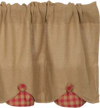 Burlap with Red Check Window Collection, Primitive Country Farmhouse Window Treatments Curtains.
