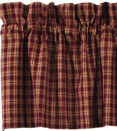 Cambridge Wine Window features wine and tan plaid cotton fabric.  Primitive Country Farmhouse Window Treatments Curtains Home Decor.