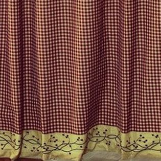 Checkerberry Shower Curtain  features burgundy and tan check cotton fabric with a tan border and pip berries. Primitive Country Farmhouse Bath Bathroom Home Decor.
