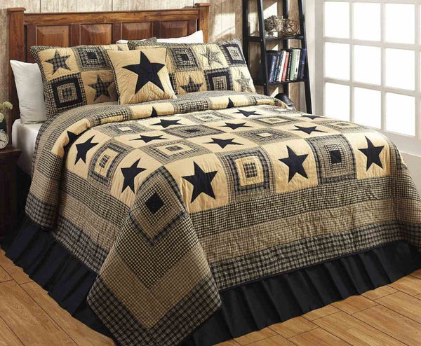 Colonial Star Black Collection Quilt Set features black and tan in plaids and appliqued stars. Primitive Country Farmhouse Bedding Home Decor.