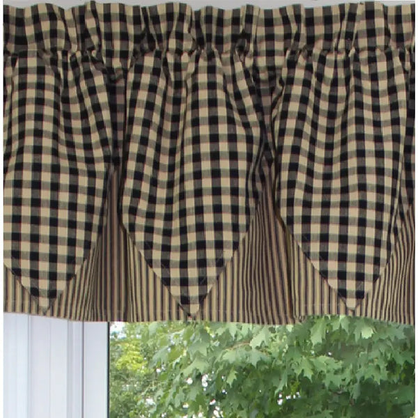 The Heritage House Check Black Point Valance is just so charming! Featuring a black & khaki medium gingham accented with an underlay of a coordinating mattress ticking fabric, this is what we call classic, primitive country!