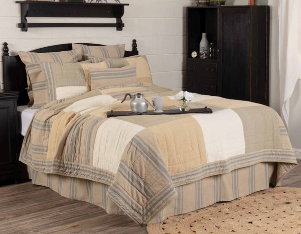 Farmer's Market Bedding, Khaki, Blue-Grey, Creme, chambray fabric artfully arranged in large blocks, with grain sack stripes. Primitive Country Farmhouse Home Decor.